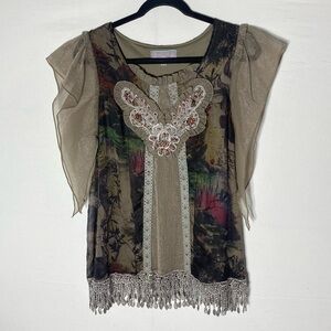 Vintage Y2K Pretty Angel Boho Sheer Butterfly Appliqué Top M Fairycore Fairy